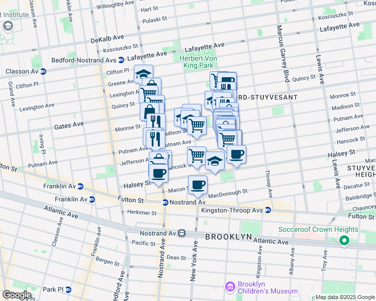 map of restaurants, bars, coffee shops, grocery stores, and more near 253 Jefferson Avenue in Brooklyn