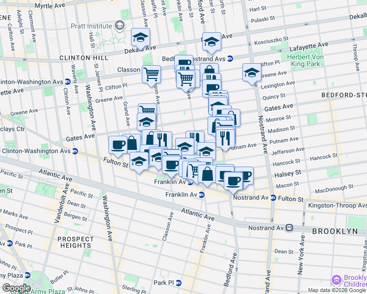 map of restaurants, bars, coffee shops, grocery stores, and more near 44 Madison Street in Brooklyn