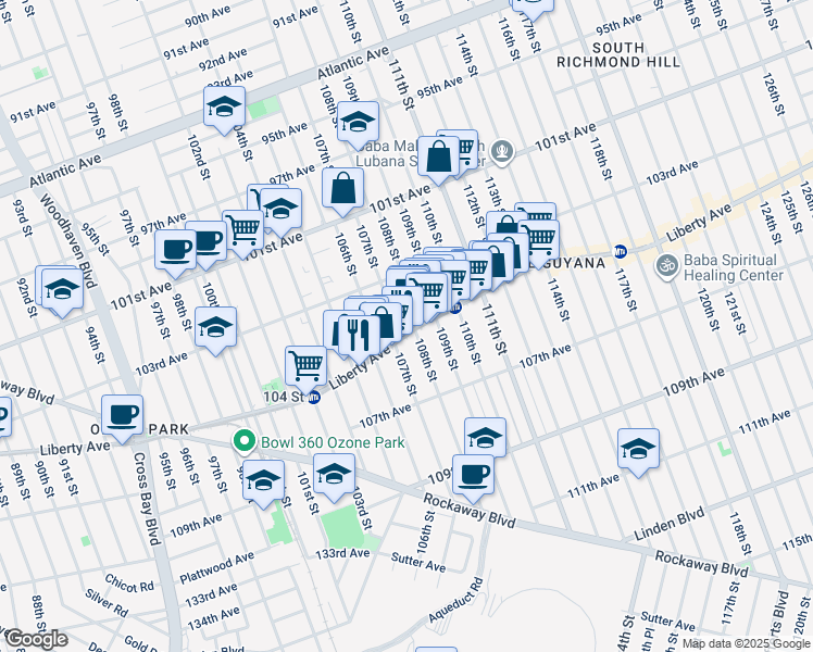 map of restaurants, bars, coffee shops, grocery stores, and more near 103-21 107th Street in Queens