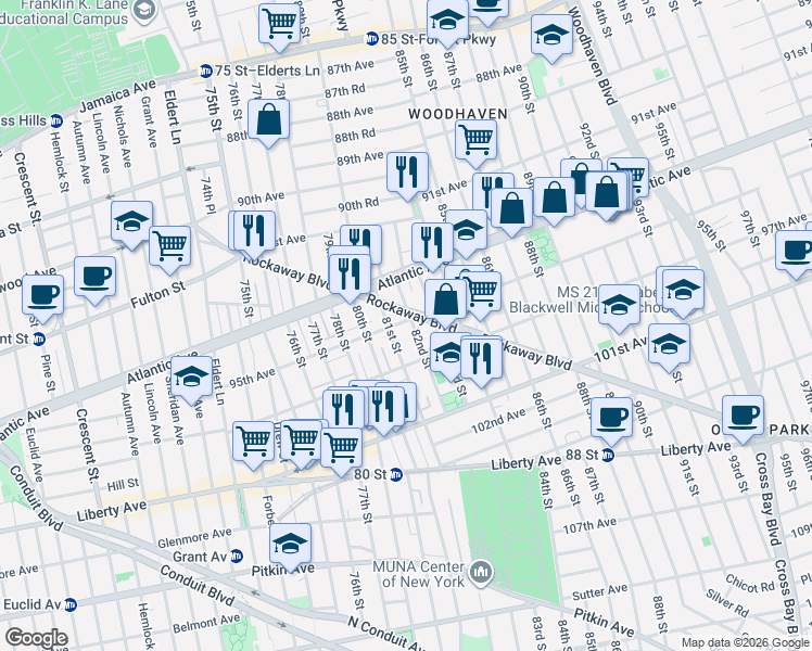map of restaurants, bars, coffee shops, grocery stores, and more near 94-18 82nd Place in Queens