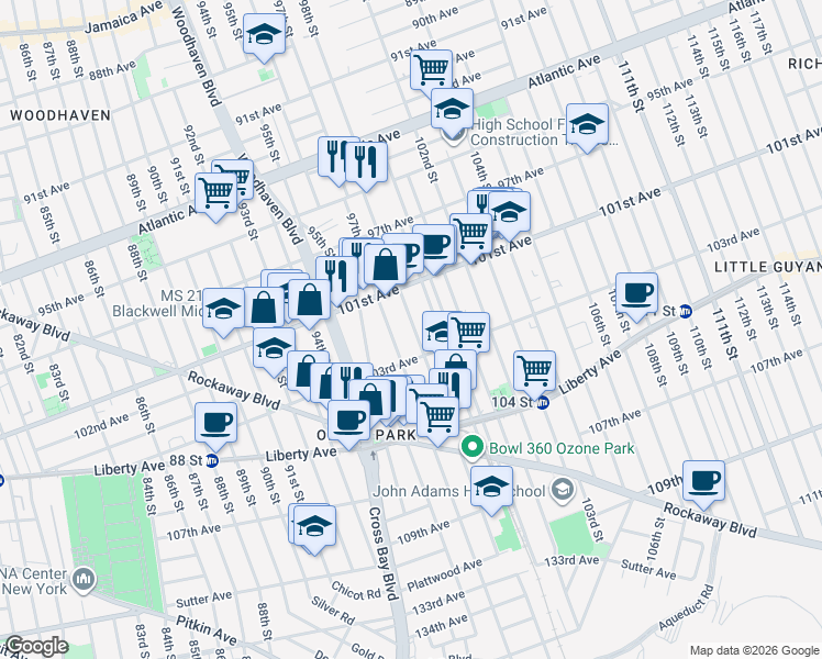 map of restaurants, bars, coffee shops, grocery stores, and more near 101-12 98th Street in Queens