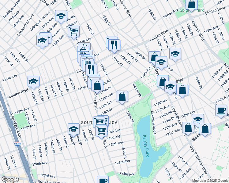 map of restaurants, bars, coffee shops, grocery stores, and more near 115-70 155th Street in Queens