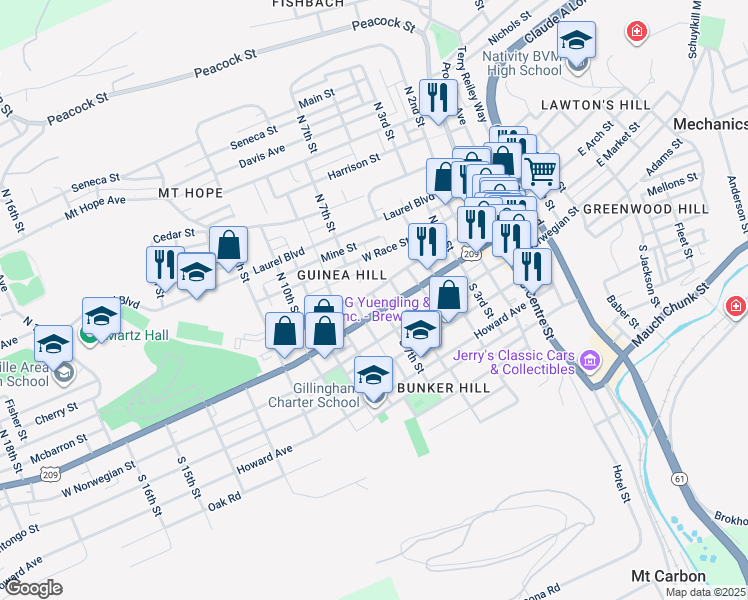 map of restaurants, bars, coffee shops, grocery stores, and more near 109 North 7th Street in Pottsville