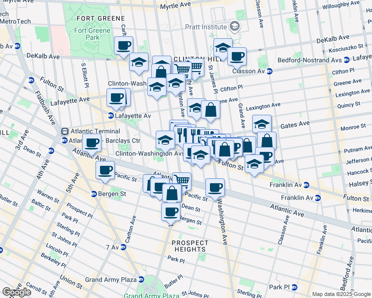 map of restaurants, bars, coffee shops, grocery stores, and more near 899 Fulton Street in Brooklyn