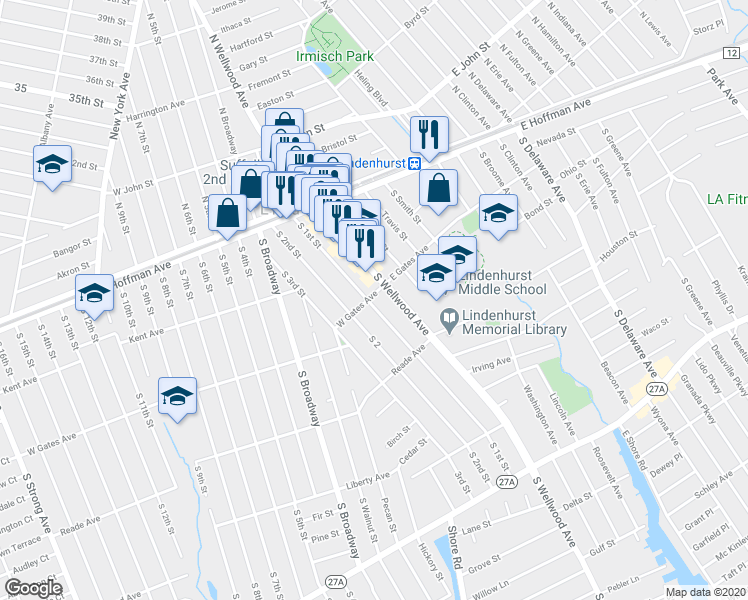map of restaurants, bars, coffee shops, grocery stores, and more near 304 South 1st Street in Lindenhurst