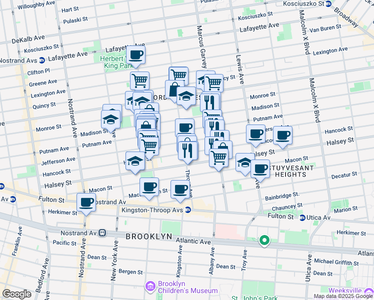 map of restaurants, bars, coffee shops, grocery stores, and more near 537 Throop Avenue in Brooklyn