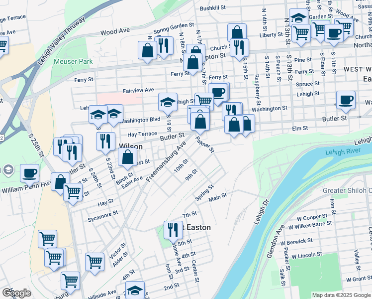 map of restaurants, bars, coffee shops, grocery stores, and more near 1832 Freemansburg Avenue in Easton