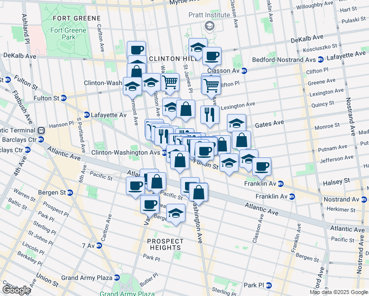 map of restaurants, bars, coffee shops, grocery stores, and more near 506 Washington Avenue in Brooklyn