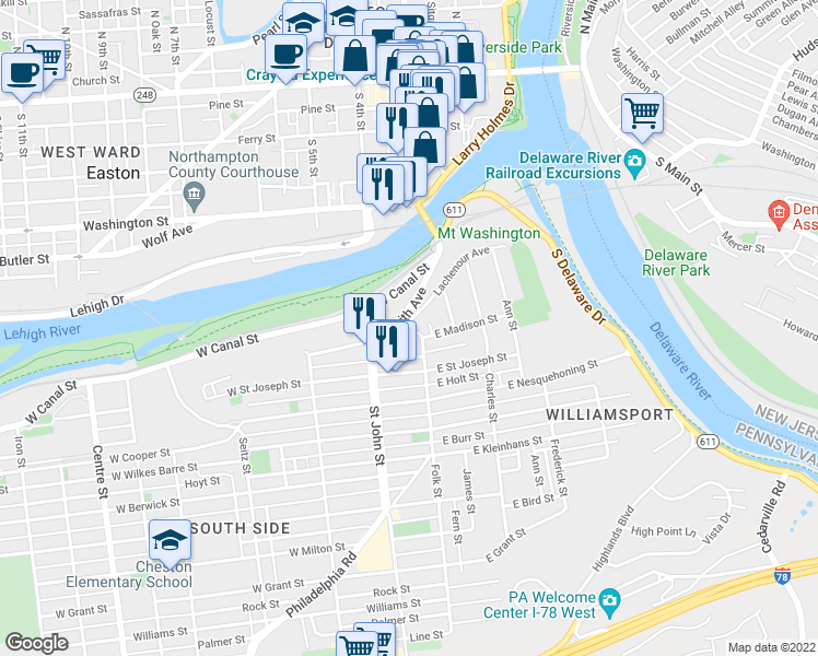 map of restaurants, bars, coffee shops, grocery stores, and more near 103 West Madison Street in Easton