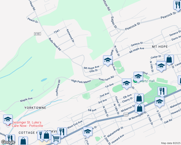 map of restaurants, bars, coffee shops, grocery stores, and more near 26 York Farm Road in Pottsville