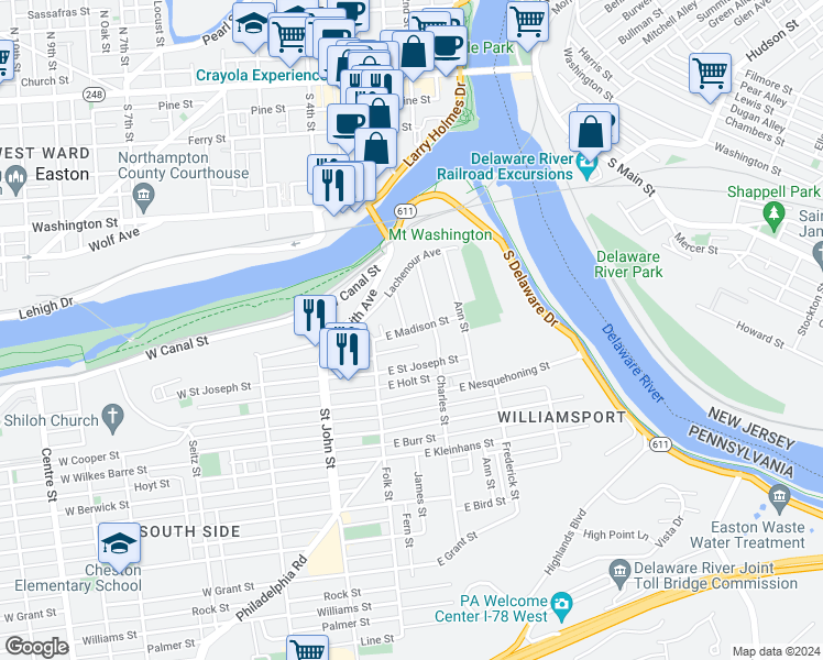 map of restaurants, bars, coffee shops, grocery stores, and more near 153 East Madison Street in Easton