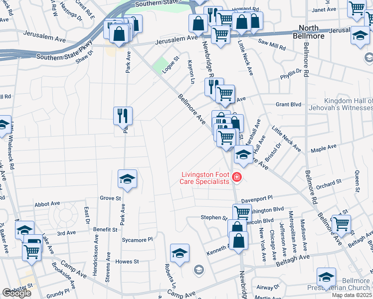 map of restaurants, bars, coffee shops, grocery stores, and more near 2317 Lincoln Street in North Bellmore