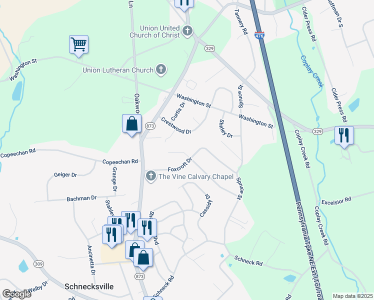 map of restaurants, bars, coffee shops, grocery stores, and more near 5217 Timber Lane in Schnecksville