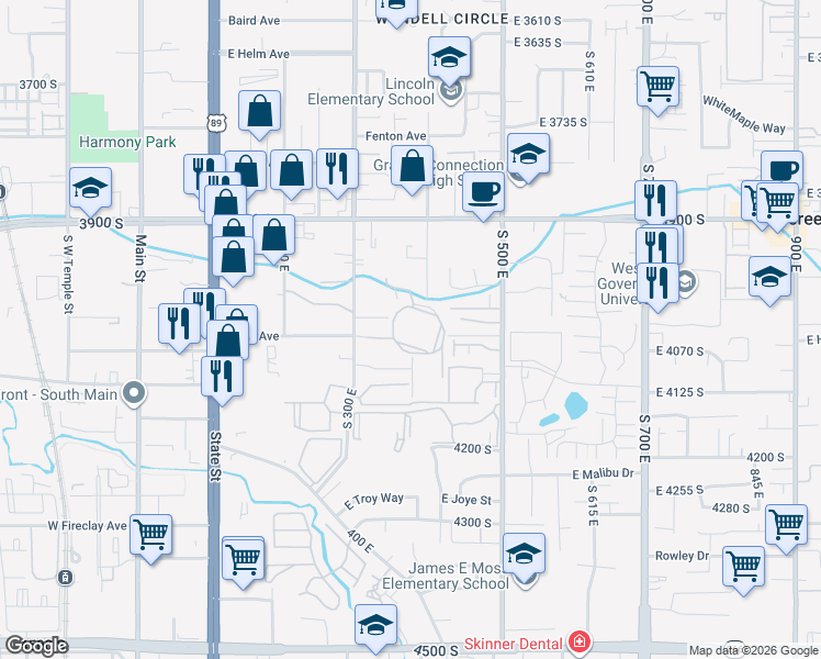 map of restaurants, bars, coffee shops, grocery stores, and more near 387 East Woodlake Cove in Salt Lake City