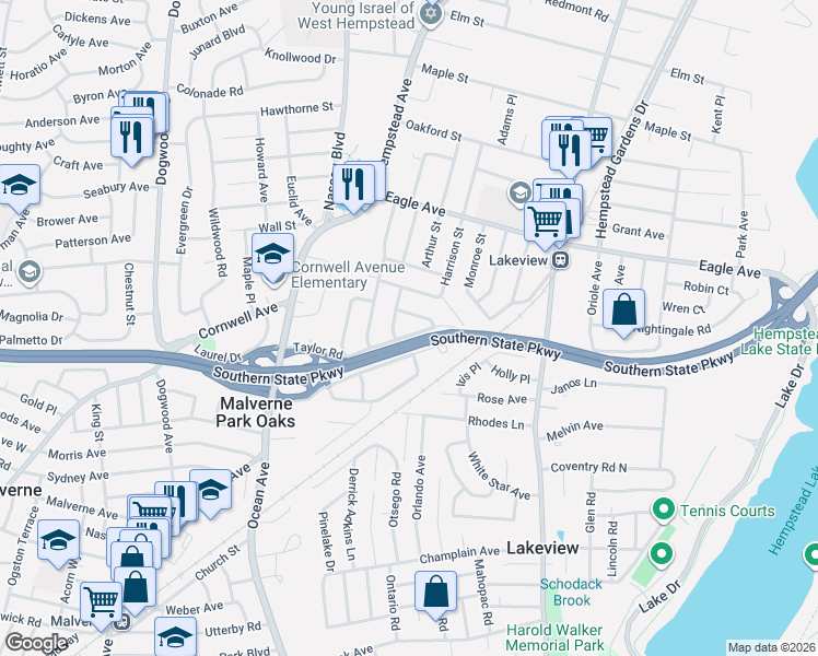 map of restaurants, bars, coffee shops, grocery stores, and more near 280 Sylvan Drive in West Hempstead