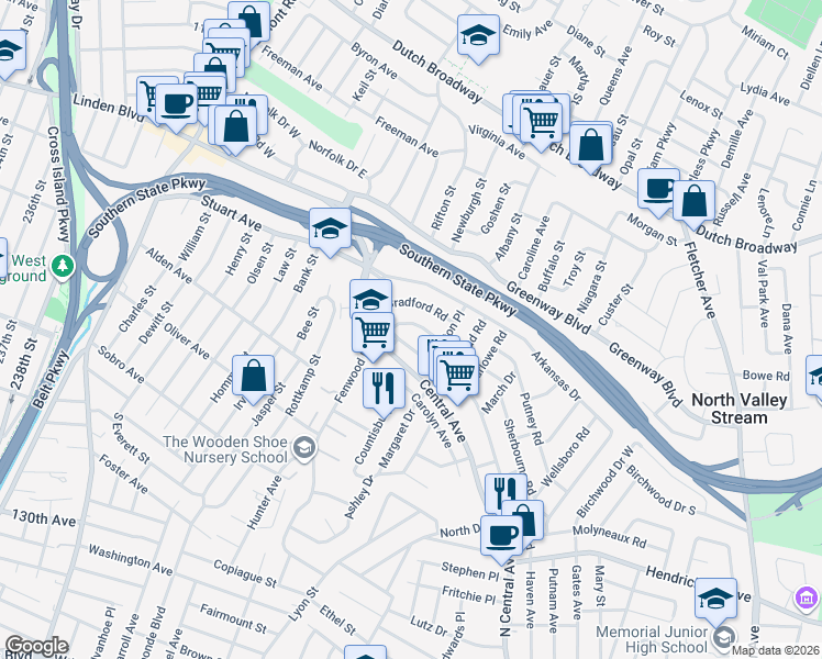 map of restaurants, bars, coffee shops, grocery stores, and more near 33 Bradford Road in Valley Stream