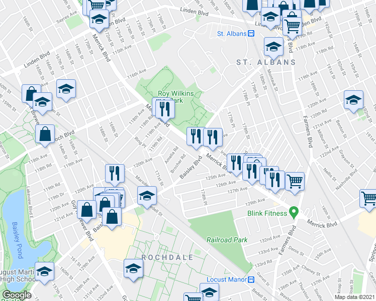 map of restaurants, bars, coffee shops, grocery stores, and more near 119-56 Merrick Boulevard in Queens