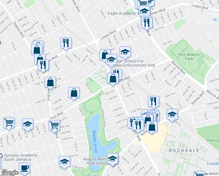 map of restaurants, bars, coffee shops, grocery stores, and more near 116-80 Guy R Brewer Boulevard in Queens