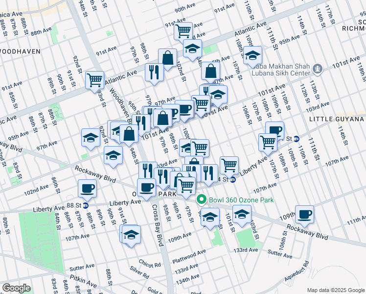 map of restaurants, bars, coffee shops, grocery stores, and more near 101-28 99th Street in Queens