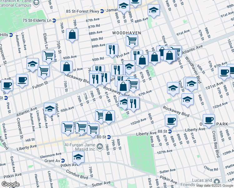 map of restaurants, bars, coffee shops, grocery stores, and more near 94-18 82nd Place in Queens