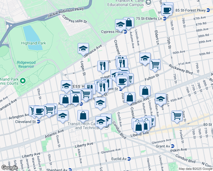 map of restaurants, bars, coffee shops, grocery stores, and more near 372 Ridgewood Avenue in Brooklyn