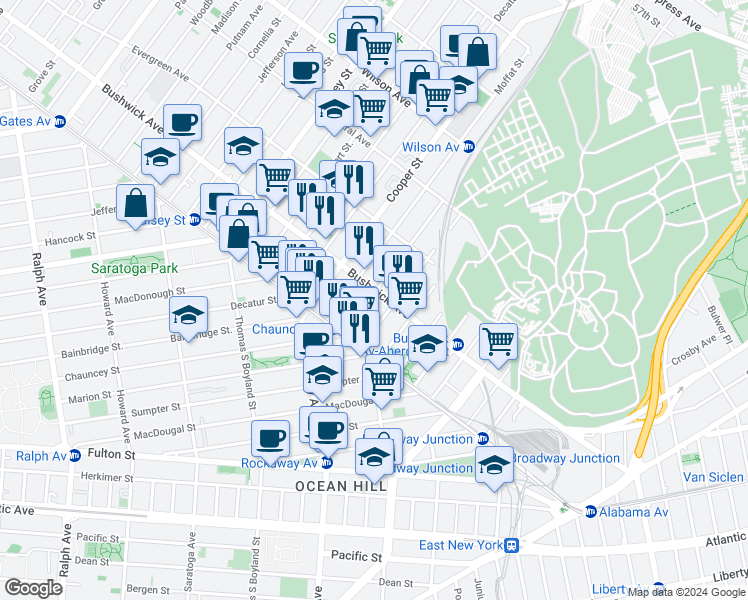 map of restaurants, bars, coffee shops, grocery stores, and more near 700 Chauncey Street in Brooklyn