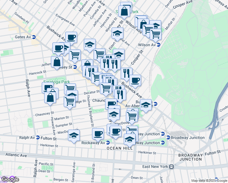 map of restaurants, bars, coffee shops, grocery stores, and more near 35 Cooper Street in Brooklyn