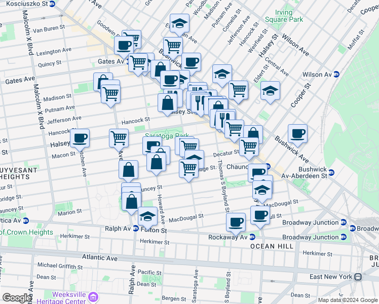 map of restaurants, bars, coffee shops, grocery stores, and more near 842 Macon Street in Brooklyn