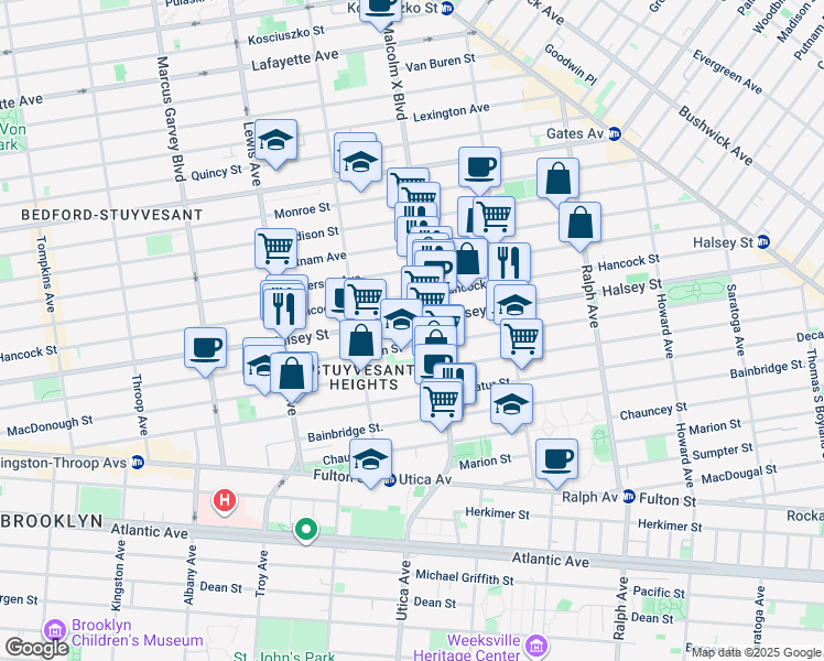 map of restaurants, bars, coffee shops, grocery stores, and more near 626 Hancock Street in Brooklyn