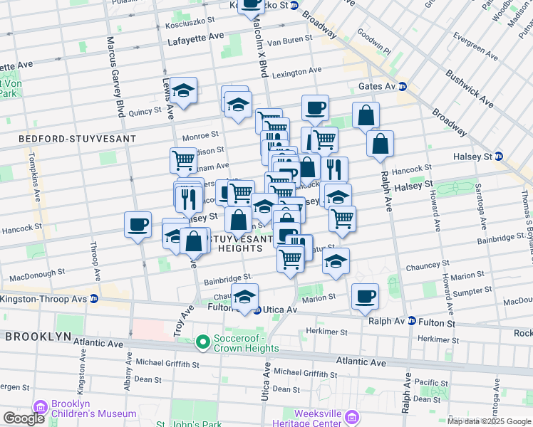 map of restaurants, bars, coffee shops, grocery stores, and more near 626 Hancock Street in Brooklyn
