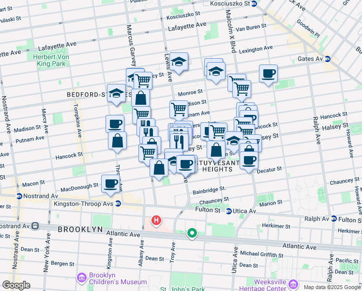 map of restaurants, bars, coffee shops, grocery stores, and more near 327 Lewis Avenue in Brooklyn