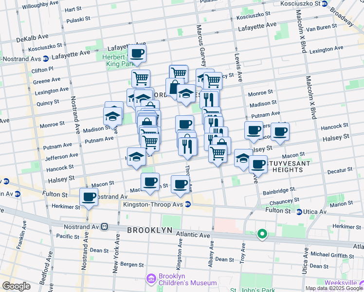 map of restaurants, bars, coffee shops, grocery stores, and more near 521 Throop Avenue in Brooklyn