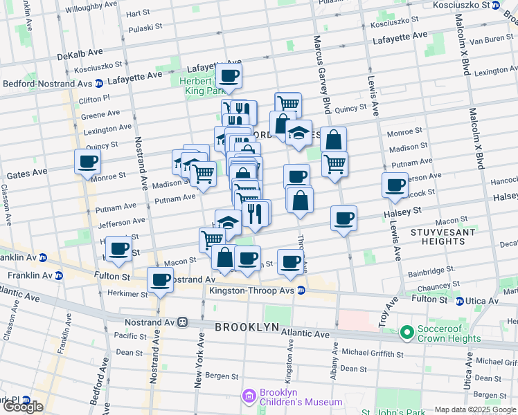 map of restaurants, bars, coffee shops, grocery stores, and more near 430 Putnam Avenue in Brooklyn
