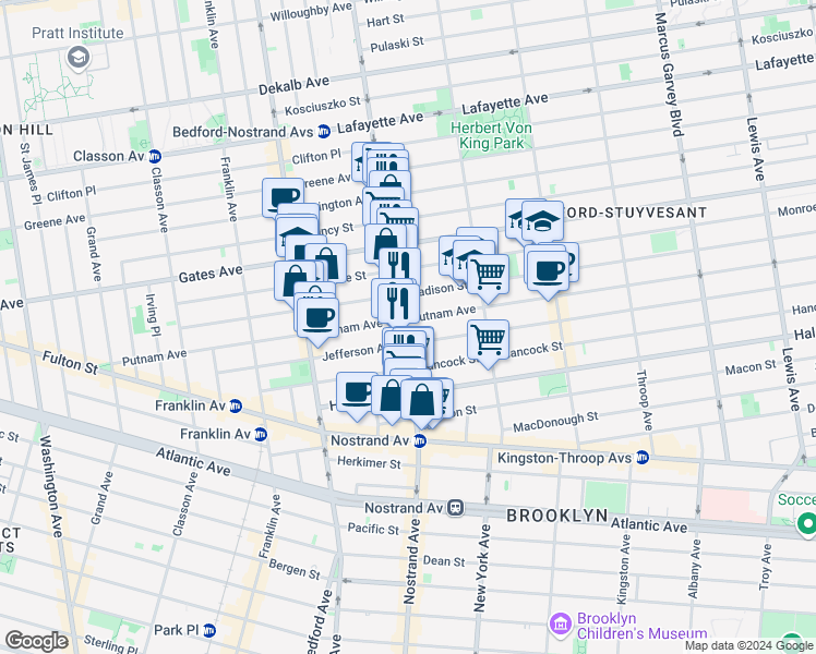 map of restaurants, bars, coffee shops, grocery stores, and more near 224 Madison Street in Brooklyn