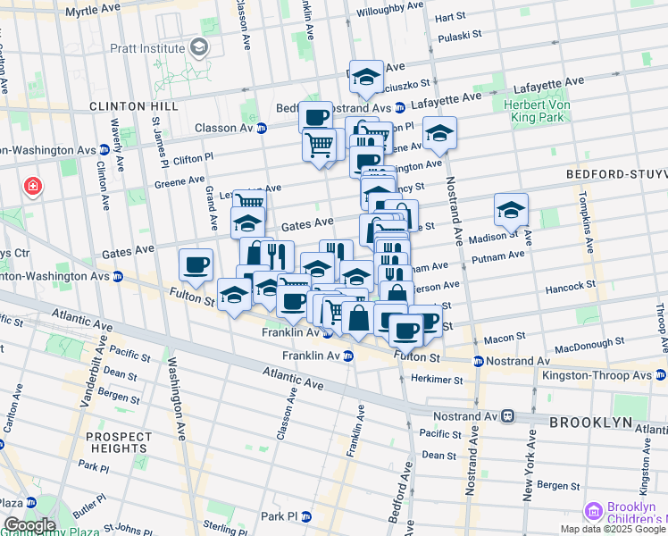 map of restaurants, bars, coffee shops, grocery stores, and more near 421 Franklin Avenue in Brooklyn