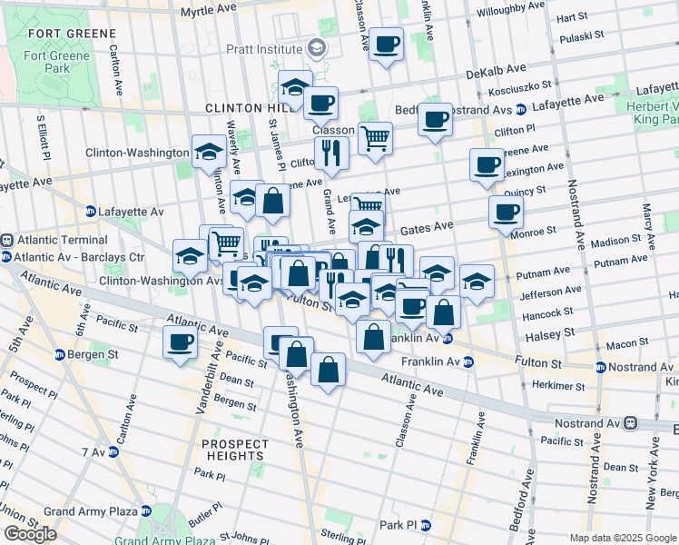 map of restaurants, bars, coffee shops, grocery stores, and more near 377 Grand Avenue in Brooklyn