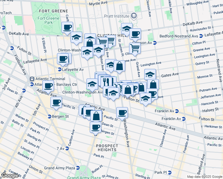 map of restaurants, bars, coffee shops, grocery stores, and more near 57 Gates Avenue in Brooklyn