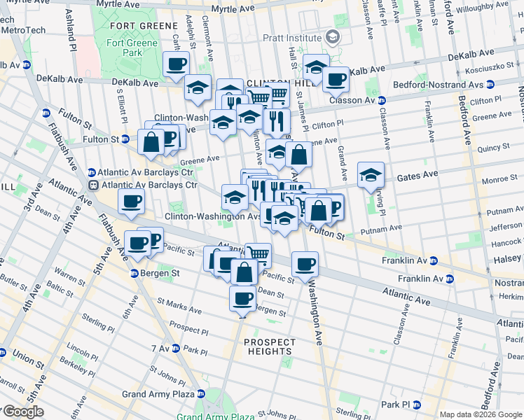 map of restaurants, bars, coffee shops, grocery stores, and more near 465 Vanderbilt Avenue in Brooklyn