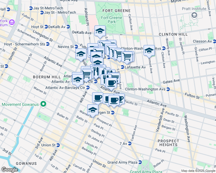 map of restaurants, bars, coffee shops, grocery stores, and more near 174 Fort Greene Place in Brooklyn