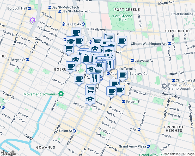 map of restaurants, bars, coffee shops, grocery stores, and more near 545 Atlantic Avenue in Brooklyn