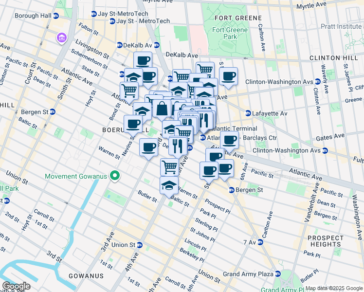 map of restaurants, bars, coffee shops, grocery stores, and more near 545 Atlantic Avenue in Brooklyn