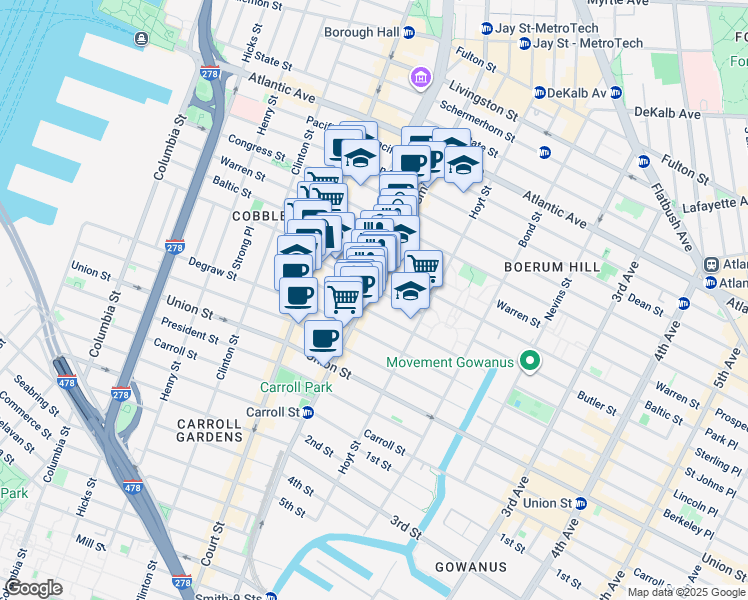 map of restaurants, bars, coffee shops, grocery stores, and more near 217A Smith Street in Brooklyn