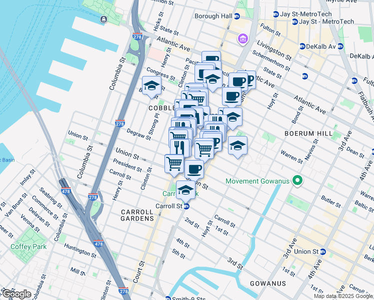 map of restaurants, bars, coffee shops, grocery stores, and more near 285 Court Street in Brooklyn