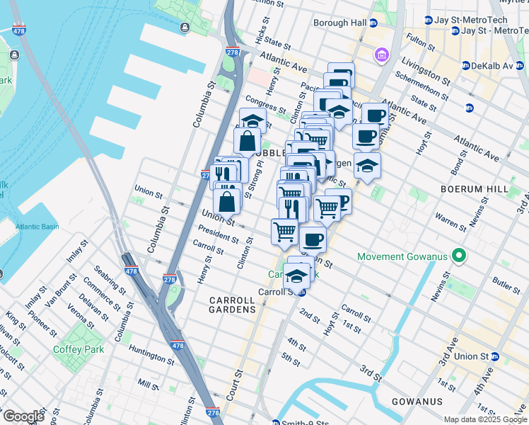 map of restaurants, bars, coffee shops, grocery stores, and more near 52 Tompkins Place in Brooklyn