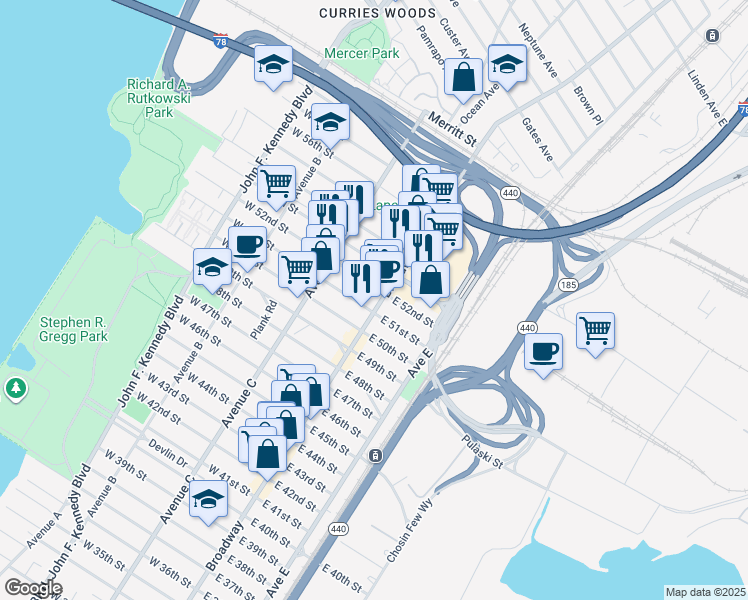 map of restaurants, bars, coffee shops, grocery stores, and more near 13 West 52nd Street in Bayonne