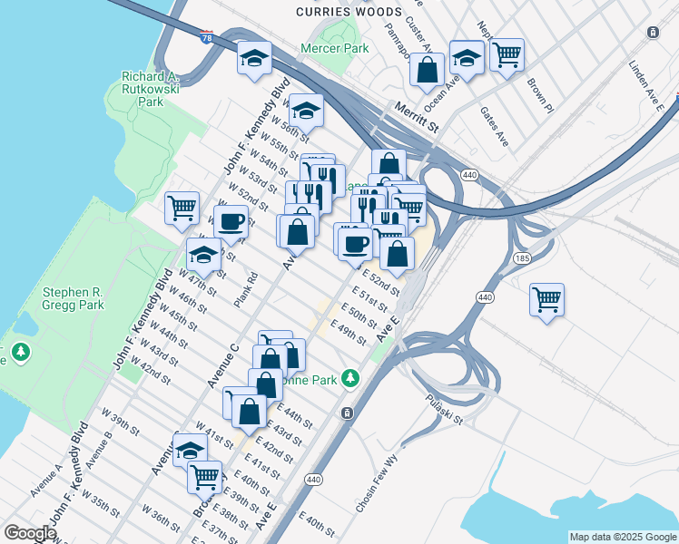 map of restaurants, bars, coffee shops, grocery stores, and more near 13 West 52nd Street in Bayonne