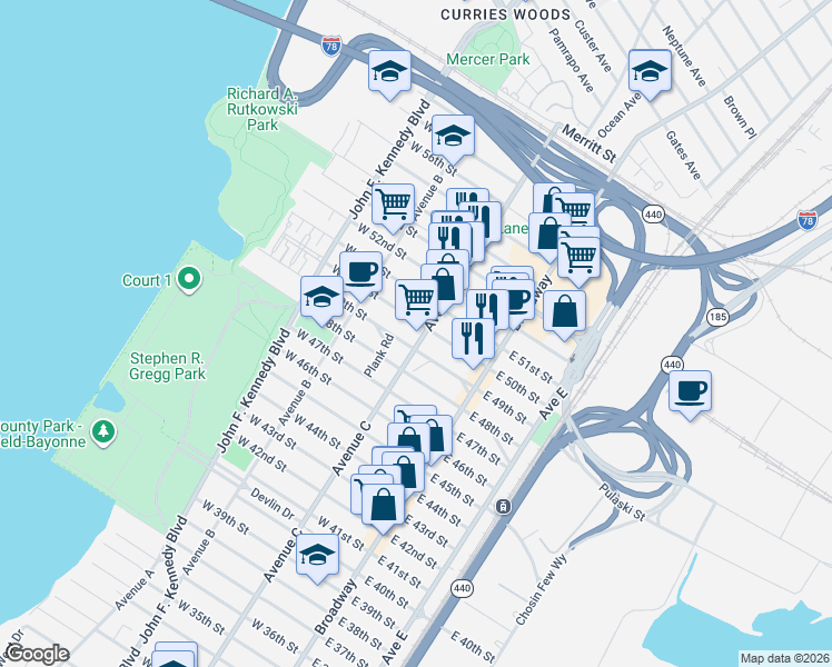 map of restaurants, bars, coffee shops, grocery stores, and more near in Bayonne