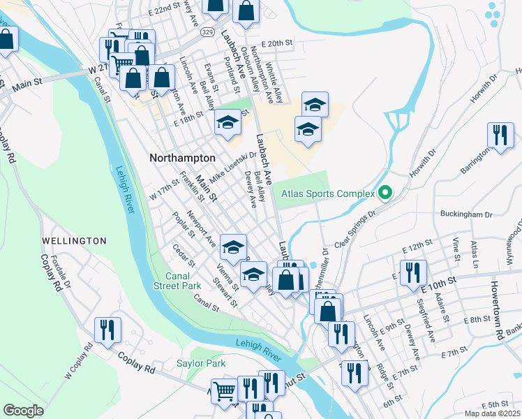 map of restaurants, bars, coffee shops, grocery stores, and more near 1469 Dewey Avenue in Northampton