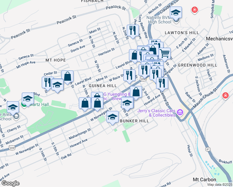 map of restaurants, bars, coffee shops, grocery stores, and more near 521 West Arch Street in Pottsville