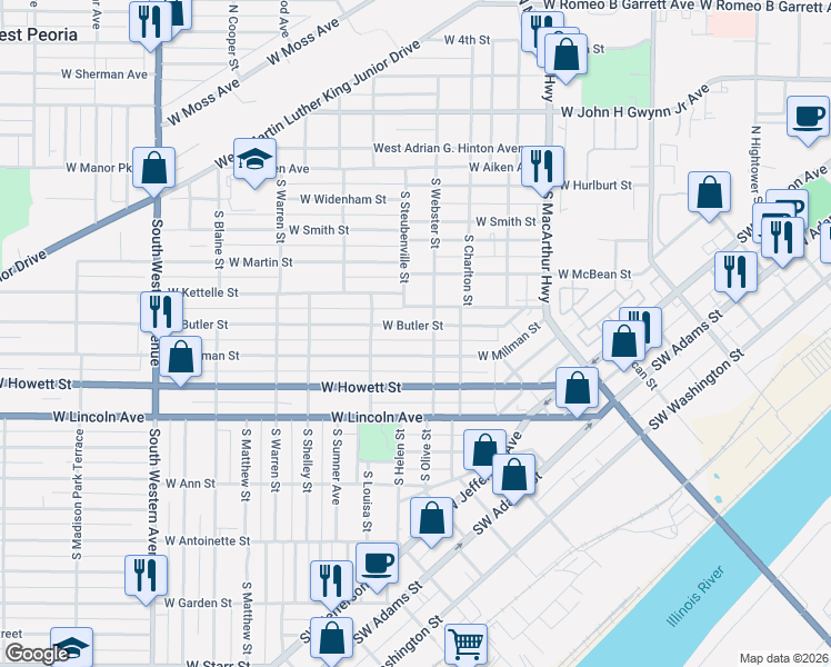 map of restaurants, bars, coffee shops, grocery stores, and more near 1200-1298 West Brotherson Street in Peoria